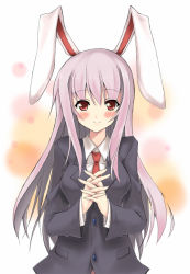 Rule 34 | 1girl, animal ears, blazer, blush, buttons, female focus, jacket, light purple hair, long hair, looking at viewer, necktie, own hands clasped, own hands together, piromizu, purple hair, rabbit ears, red eyes, red necktie, reisen udongein inaba, smile, solo, touhou