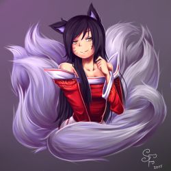 Rule 34 | 1girl, ahri (league of legends), animal ears, artist request, black hair, breasts, detached sleeves, facial mark, fangs, female focus, fox ears, fox tail, korean clothes, large breasts, league of legends, long hair, multiple tails, off shoulder, solo, tail, v arms, whisker markings, wide sleeves
