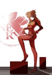 Rule 34 | 1girl, artist request, ass, bodysuit, breasts, brown hair, evangelion: 3.0 you can (not) redo, expressionless, eyepatch, hair between eyes, hair ornament, highres, logo, long hair, medium breasts, neon genesis evangelion, nerv, pilot suit, plugsuit, rebuild of evangelion, red bodysuit, simple background, skin tight, solo, souryuu asuka langley, standing, two side up, white background