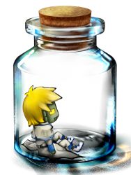 Rule 34 | arc system works, blonde hair, bottle meme (pixiv), clothed robot, cork, guilty gear, in container, jar, kuku (xx81), male focus, robo-ky, robot, short hair, solo