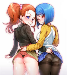 Rule 34 | 2girls, ashida noriko, ass, assisted exposure, avengers (series), bad id, bad pixiv id, black legwear, black panties, blue eyes, blue hair, blush, character request, clothes lift, disk wars: avengers, disk wars avengers, gradient background, hizuki akira, jessica shannon, long hair, long sleeves, looking at viewer, looking back, marvel disk wars, multiple girls, orange hair, panties, panties under pantyhose, pantyhose, ponytail, red eyes, scrunchie, short hair, skirt, skirt lift, smile, thighband pantyhose, thong, underwear, white background, white panties