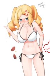 Rule 34 | 1girl, absurdres, anger vein, bare arms, bare legs, bare shoulders, bikini, blonde hair, blue eyes, blush, breasts, cleavage, collarbone, dated, highres, honolulu (kancolle), kantai collection, large breasts, long hair, maru (marg0613), navel, one-hour drawing challenge, open mouth, simple background, solo, swimsuit, twintails, twitter username, white background, white bikini