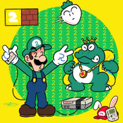 Rule 34 | 2boys, ? block, animal ears, big nose, blue overalls, brick block, brown footwear, brown hair, buttons, cabbie hat, cape, clenched teeth, commentary, controller, crown, english commentary, expressionless, facial hair, full body, furry, furry male, game boy, game console, game controller, gem, gloves, gold necklace, green circle, green gemstone, green headwear, green shirt, handheld game console, hat, highres, holding, holding controller, holding game controller, jewelry, jradical2014, long sleeves, luigi, mario (series), multiple boys, mustache, necklace, nintendo, nostrils, number pun, overalls, rabbit ears, radish, red headwear, shirt, shoes, short hair, signature, super mario bros. 2, super mario land 2, teeth, thick eyebrows, turnip, v, v-shaped eyes, wart (mario), white gloves, yellow background, yellow cape