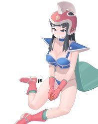 Rule 34 | 1girl, armor, bad id, bad twitter id, bikini, black eyes, black hair, blue bikini, blue choker, blunt bangs, breasts, cape, chi-chi (dragon ball), choker, cleavage, collarbone, commentary, dragon ball, frown, gloves, green cape, green socks, grey background, highres, large breasts, long hair, monster l (hochihochiha), navel, pink footwear, pink gloves, shoulder pads, simple background, sitting, smile, socks, solo, stomach, swimsuit