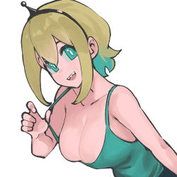Rule 34 | 1girl, alternate breast size, amano pikamee, antennae, aqua camisole, aqua eyes, bare shoulders, black hairband, blonde hair, breasts, bright pupils, camisole, cleavage, collarbone, colored inner hair, dismassd, green hair, hair between eyes, hairband, large breasts, leaning forward, looking at viewer, medium hair, multicolored hair, no bra, open mouth, sharp teeth, sidelocks, sideways glance, simple background, smile, solo, strap pull, teasing, teeth, two-tone hair, upper body, virtual youtuber, voms, white background