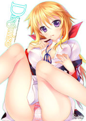 Rule 34 | 10s, 1girl, bad id, bad pixiv id, blonde hair, breasts, charlotte dunois, covered erect nipples, finger to mouth, hayakawa harui, infinite stratos, large breasts, long legs, open clothes, open shirt, panties, ponytail, purple eyes, shirt, solo, striped clothes, striped panties, underwear