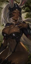Rule 34 | 1girl, animal ears, breasts, cleavage, commentary, covered navel, dark-skinned female, dark skin, ears through headwear, final fantasy, final fantasy xii, fingernails, fran (ff12), helmet, highres, large breasts, lips, long fingernails, rabbit ears, red eyes, revealing clothes, soffa, solo, square enix, thighhighs, viera, white hair