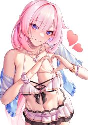 1girl absurdres bikini bikini_skirt blue_eyes bracelet breasts cleavage detached_sleeves elf elysia_(honkai_impact) elysia_(miss_pink_elf)_(honkai_impact) elysia_(summer_miss_elf)_(honkai_impact) heart heart_hands highres honkai_(series) honkai_impact_3rd jewelry large_breasts long_hair looking_at_viewer navel necklace official_alternate_costume parted_lips pearl_bracelet pearl_necklace pink_hair pointy_ears pyeong_il simple_background single_bare_shoulder smile solo stomach swimsuit white_background white_bikini