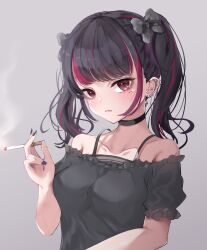 1girl absurdres black_choker black_hair black_shirt blush bow breasts choker cigarette commentary hair_bow highres holding holding_cigarette medium_breasts mole mole_under_eye multicolored_hair nail_polish ncontrail_(mgax7527) original piercing red_eyes shirt short_twintails simple_background smoking solo symbol-only_commentary tobacco twintails two-tone_hair