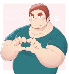 Rule 34 | 1boy, 3c pan (izumipan3), alternate muscle size, bara, belly, facial hair, facial scar, flying sweatdrops, goatee, heart, heart hands, highres, huge eyebrows, large pectorals, long sideburns, looking at viewer, male focus, muscular, muscular male, nervous sweating, pectoral cleavage, pectorals, scar, scar on cheek, scar on face, shirt, short hair, shy, sideburns, sideburns stubble, solo, stubble, sweat, t-shirt, tamamura gunzo, thick eyebrows, tokyo houkago summoners, upper body