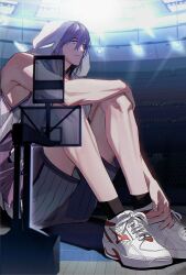 1boy 3030_15 basketball basketball_court basketball_hoop basketball_jersey basketball_shorts basketball_uniform black_socks closed_mouth commentary_request giant hand_on_own_foot hand_on_own_knee highres knees_up kuroko_no_basuke light_frown looking_ahead male_focus medium_hair murasakibara_atsushi purple_eyes purple_hair shoes shorts single_bare_shoulder sitting sleeveless sneakers socks solo sportswear stadium stadium_lights towel towel_on_head white_footwear yousen_high_basketball_uniform