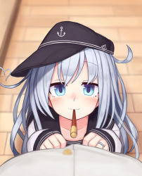 Rule 34 | 1boy, 1girl, admiral (kancolle), anchor, anchor symbol, blue eyes, blue headwear, blurry, blurry background, blush, flat cap, food, hat, heart, heart hair, hibiki (kancolle), highres, jewelry, kantai collection, long hair, long sleeves, mouth hold, out of frame, pocky, pocky day, pov, reitou mikan, ring, sailor collar, school uniform, serafuku, silver hair, star (symbol), wedding band