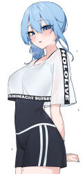 1girl absurdres artist_name black_shorts blue_eyes blue_hair blush breasts covered_navel heavy_breathing highres hololive hoshimachi_suisei navel raeis shorts simple_background sportswear sweat virtual_youtuber white_background