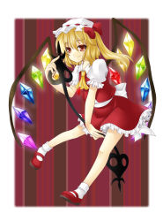 Rule 34 | 1girl, bad id, bad pixiv id, blonde hair, female focus, flandre scarlet, hat, hitsugi kaname, laevatein, mary janes, one side up, ponytail, red eyes, shoes, short hair, side ponytail, solo, embodiment of scarlet devil, touhou, wings