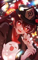 Rule 34 | 1girl, :d, black hat, black nails, boo tao (genshin impact), brown coat, brown hair, bug, butterfly, cent (cent mz), coat, commentary, flower, genshin impact, ghost, hair between eyes, hat, hat flower, hat tassel, hu tao (genshin impact), insect, light blush, light particles, long hair, long sleeves, looking at viewer, open mouth, orange eyes, smile, solo, twintails, upper body