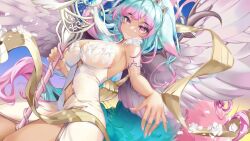 Rule 34 | 1girl, absurdres, animal ears, aqua hair, breasts, closed mouth, clothing cutout, commission, dress, dutch angle, eyelashes, feathered wings, highres, holding, holding staff, indie virtual youtuber, large breasts, long hair, looking at viewer, melibellule (vtuber), mole, mole under eye, multicolored hair, navel, navel cutout, pink eyes, pink hair, second-party source, solo, staff, strapless, strapless dress, tail, tutanigi1901, two-tone hair, virtual youtuber, white dress, wings