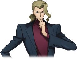 Rule 34 | 1boy, artist request, black jacket, blonde hair, blue eyes, buttons, closed mouth, code geass, code geass: lost stories, cropped torso, diethard ried, forehead, game cg, hand on own chin, hand up, happy, jacket, long sleeves, male focus, medium hair, non-web source, official art, open clothes, open jacket, red shirt, shirt, simple background, smile, solo, standing, stroking own chin, transparent background, turtleneck, turtleneck shirt, upper body, v-shaped eyebrows