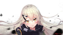 Rule 34 | &gt;:(, 1girl, artist name, blonde hair, blurry, blush, closed mouth, dated, depth of field, floating hair, frown, girls&#039; frontline, hair between eyes, hair ornament, hairclip, highres, injury, long hair, looking at viewer, mg4 (girls&#039; frontline), portrait, ranyu kuro, scrape, signature, solo, upper body, v-shaped eyebrows, yellow eyes