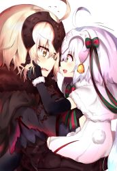 Rule 34 | 2girls, absurdres, age difference, ahoge, black gloves, black legwear, blonde hair, blush, capelet, elbow gloves, fate/grand order, fate (series), fur trim, gloves, green ribbon, hands on another&#039;s face, headpiece, highres, jeanne d&#039;arc (fate), jeanne d&#039;arc alter (avenger) (fate), jeanne d&#039;arc alter (avenger) (first ascension) (fate), jeanne d&#039;arc alter (fate), jeanne d&#039;arc alter santa lily (fate), long hair, looking at another, multiple girls, open mouth, ranf, ribbon, short hair, striped ribbon, sweatdrop