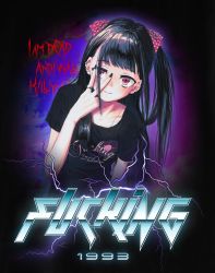 Rule 34 | 1girl, bad id, bad twitter id, black hair, black nails, black shirt, bow, closed mouth, ear piercing, earrings, fingernails, gishiki (gshk), hair bow, hand up, head tilt, highres, jewelry, lightning, looking at viewer, nail polish, original, piercing, profanity, red bow, red eyes, ring, shirt, short sleeves, smile, solo, twintails