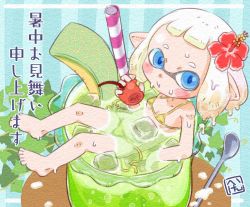 Rule 34 | 1girl, :t, bare arms, bare shoulders, bikini, blue eyes, blue pupils, breasts, cantaloupe, cherry, cleavage, closed mouth, drink, drinking straw, flower, food, fruit, hair flower, hair ornament, hibiscus, highres, holding, holding food, holding fruit, ice, ice cube, ikaheigen, inkling, inkling girl, inkling player character, ivy, leaf, micro bikini, nintendo, partially submerged, plant, pointy ears, red flower, short hair, small breasts, solo, splatoon (series), swimsuit, tentacle hair, untied bikini, white hair, yellow bikini