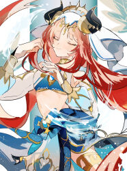 Rule 34 | 1girl, blue gemstone, blue veil, blush, bracer, breasts, brooch, circlet, closed eyes, cowboy shot, crop top, dancer, detached sleeves, facing viewer, fake horns, gem, genshin impact, gold trim, harem outfit, highres, horns, jewelry, long hair, long sleeves, loomyoi2, navel, neck ring, nilou (genshin impact), parted bangs, puffy long sleeves, puffy sleeves, red hair, small breasts, smile, solo, stomach, veil, white headdress, white veil