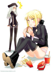 Rule 34 | 00s, 2girls, :t, ^^^, artoria pendragon (fate), black legwear, blonde hair, boots, burger, caren hortensia, dress, eating, fate/hollow ataraxia, fate/stay night, fate (series), food, french fries, gothic lolita, lace, lace-trimmed legwear, lace trim, layered sleeves, lolita fashion, mcdonald&#039;s, multiple girls, no pants, panties, panties under pantyhose, pantyhose, saber (fate), saber alter, sitting, task owner, thighhighs, thighhighs over pantyhose, underwear