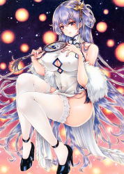 Rule 34 | 1girl, azur lane, black footwear, breasts, china dress, chinese clothes, clothing cutout, covered erect nipples, dress, feather boa, floating, full body, garter straps, hair ornament, hand fan, high heels, highres, holding, holding fan, lace, lace-trimmed legwear, lace trim, large breasts, legs, long hair, looking at viewer, marker (medium), mktr (princess mktr), official alternate costume, pelvic curtain, purple eyes, purple hair, rodney (azur lane), rodney (immaculate beauty) (azur lane), shoes, sleeveless, sleeveless dress, solo, thighhighs, traditional media, underboob, underboob cutout, very long hair, white garter straps, white thighhighs