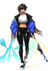 Rule 34 | 1girl, absurdres, black hair, black pants, blue jacket, choker, earrings, full body, green eyes, hand in pocket, highres, holding, holding polearm, holding weapon, jacket, jewelry, latex pants, looking at viewer, lyuka, midriff, multicolored hair, open clothes, open jacket, original, pants, polearm, shiny clothes, shoes, smile, sneakers, solo, standing, tan, two-tone hair, walking, weapon, white background, white hair