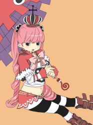 Rule 34 | 1girl, boots, bow, crown, female focus, long hair, long sleeves, midriff, nyan mi, one piece, perona, pink hair, short cape, simple background, sitting, solo, striped legwear, twintails, umbrella