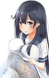 Rule 34 | 10s, 1girl, absurdres, ahoge, black hair, blush, breast rest, breasts, clothes lift, electric fan, female focus, highres, hot, kantai collection, large breasts, long hair, looking at viewer, open mouth, saku (kudrove), school uniform, serafuku, shirt lift, short sleeves, simple background, solo, upper body, ushio (kancolle), white background
