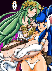Rule 34 | ..., 2girls, absurdres, adrianosennin, animal ears, armlet, ass, blue eyes, blue hair, blush, breasts, butt crack, cameltoe, capcom, carrying, cat ears, cat tail, circlet, cleft of venus, crossover, crown, dress, felicia (vampire), forehead jewel, from behind, gold, green eyes, green hair, highres, kid icarus, leg lock, long hair, looking back, looking down, multiple girls, naughty face, nintendo, palutena, panties, panty pull, shiny skin, sideboob, smile, sweatdrop, tail, thighhighs, underwear, vampire (game), yuri