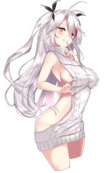 Rule 34 | 1girl, :q, adjusting clothes, alternate costume, antenna hair, aoi takeru, armpits, azur lane, bare back, blush, breasts, cowboy shot, facing to the side, finger to mouth, groin, hair ribbon, highres, large breasts, long hair, looking at viewer, meme attire, mole, mole on breast, multicolored hair, no panties, orange eyes, prinz eugen (azur lane), ribbon, sideboob, simple background, solo, teasing, tongue, tongue out, turtleneck, two side up, upper body, very long hair, virgin killer sweater, white background, white hair