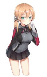 Rule 34 | 10s, 1girl, anchor hair ornament, black ribbon, black skirt, blonde hair, blush, breasts, cropped legs, gloves, green eyes, hair ornament, highres, kantai collection, large breasts, long hair, long sleeves, looking at viewer, low twintails, microskirt, military, military uniform, monobe tsukuri, no headwear, no headwear, prinz eugen (kancolle), ribbon, simple background, skirt, solo, twintails, uniform, white background, white gloves