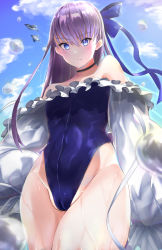 Rule 34 | 1girl, absurdres, bare shoulders, bird, blue eyes, blue ribbon, blue sky, blush, breasts, choker, closed mouth, collarbone, fate/grand order, fate (series), flying, frills, hair ribbon, highleg, highleg swimsuit, highres, johnny (pixiv16641601), long hair, long sleeves, looking at viewer, meltryllis, meltryllis (fate), meltryllis (swimsuit lancer) (fate), meltryllis (swimsuit lancer) (second ascension) (fate), off-shoulder one-piece swimsuit, off shoulder, one-piece swimsuit, penguin, puffy sleeves, purple hair, ribbon, sky, sleeves past fingers, sleeves past wrists, small breasts, swimsuit, thighs, very long hair, wet, white ribbon