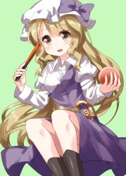 Rule 34 | 1girl, :d, black footwear, blonde hair, blush, boots, bow, breasts, brown hair, center frills, commentary request, dress, feet out of frame, folding fan, food, frills, fruit, green background, hair between eyes, hand fan, hat, hat bow, highres, holding, holding fan, holding food, holding fruit, invisible chair, juliet sleeves, long hair, long sleeves, looking at viewer, medium breasts, mob cap, open mouth, peach, puffy sleeves, purple bow, purple dress, ruu (tksymkw), sidelocks, simple background, single strap, sitting, smile, solo, touhou, very long hair, watatsuki no toyohime, white hat, wing collar