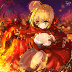 Rule 34 | 10s, 1girl, absurdres, aestus estus, ahoge, artist name, bad id, bad pixiv id, blonde hair, blush, breasts, cleavage, closed mouth, dress, epaulettes, fate/extra, fate (series), fire, flower, full moon, green eyes, hair intakes, highres, holding, holding weapon, large breasts, leotard, looking at viewer, moon, nero claudius (fate), nero claudius (fate) (all), nero claudius (fate/extra), night, petals, plant, red dress, rose, see-through, shiny skin, sky, smile, solo, star (sky), starry sky, sword, thorns, ttaji (pass35), vines, weapon