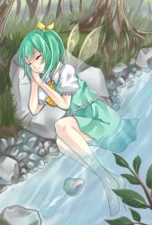 Rule 34 | 1girl, ascot, bare legs, barefoot, daiyousei, fairy wings, grass, green hair, hair ribbon, hands on own face, hikaru (zurahenntai), knees up, leaf, outdoors, own hands together, parted lips, puffy short sleeves, puffy sleeves, ribbon, rock, short hair, short sleeves, side ponytail, skirt, skirt set, sleeping, soaking feet, solo, stream, touhou, tree, water, wings