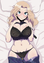 Rule 34 | 1girl, absurdres, bed sheet, black bra, black panties, black shirt, blonde hair, blue eyes, blue shorts, blush, bow, bow bra, bow panties, bra, breasts, breasts squeezed together, cleavage, closed mouth, clothes lift, clothes pull, commentary, cowboy shot, from above, frown, girls und panzer, groin, hair intakes, highres, kay (girls und panzer), lace, lace-trimmed bra, lace trim, large breasts, lifted by self, long hair, looking at viewer, lying, navel, on back, on bed, open bra, open fly, panties, pillow, shirt, shirt lift, shorts, shorts pull, solo, sweat, tenpura32200, underwear