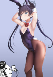 Rule 34 | 1girl, absurdres, animal ears, doodle sensei (blue archive), black gloves, black hair, black leotard, blue archive, bow, bowtie, breasts, brown pantyhose, detached collar, feet out of frame, gloves, grey background, grey eyes, halo, highres, kisaki (blue archive), leotard, long hair, mina (blue archive), pantyhose, playboy bunny, rabbit ears, rabbit pose, rabbit tail, red bow, red bowtie, sensei (blue archive), small breasts, solo, tail, tf cafe, twintails, wrist cuffs