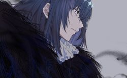 Rule 34 | 1boy, alternate hair color, black hair, blue eyes, cloak, closed mouth, collared shirt, crown, diamond hairband, expressionless, fate/grand order, fate (series), from side, fur-trimmed cloak, fur collar, fur trim, grey background, looking away, male focus, medium hair, no wings, oberon (fate), oberon (third ascension) (fate), official alternate costume, oyasumi dm, shirt, simple background, solo, spoilers, upper body, white shirt
