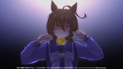 Rule 34 | 1girl, agnes tachyon (umamusume), ahoge, animal ears, artist name, bow, closed mouth, commentary request, crime prevention buzzer, earrings, gloom (expression), hair between eyes, highres, holding, horse ears, horse girl, jewelry, long sleeves, looking at viewer, messy hair, purple shirt, red eyes, sailor collar, school uniform, shirt, short hair, signature, single earring, solo, sunsunnunusun, tracen school uniform, twitter username, umamusume, upper body, white bow
