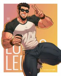 Rule 34 | 1boy, bara, black hair, black pants, black shirt, character name, cup, disposable cup, facial hair, highres, holding, holding cup, large pectorals, lucas lee, male focus, muscular, muscular male, neck tattoo, number tattoo, pants, pectorals, scott pilgrim (series), scott pilgrim takes off, shirt, short hair, smile, solo, tattoo, teeth, two-tone shirt, v, white shirt, yeiko art