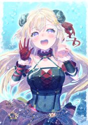 Rule 34 | 1girl, :d, ahoge, blonde hair, blush, braid, breasts, collarbone, commentary request, covered navel, finger counting, gloves, hair ornament, hands up, highres, hololive, horns, ittokyu, long hair, looking at viewer, medium breasts, nail polish, open mouth, purple eyes, red gloves, red nails, signature, single glove, smile, solo, tsunomaki watame, tsunomaki watame (1st solo live), v, very long hair, virtual youtuber
