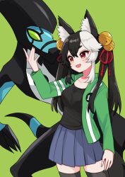 Rule 34 | 1girl, absurdres, animal ear fluff, animal ears, bell, ben 10, black hair, black shirt, black thighhighs, blouse, blue skirt, blush, breasts, collarbone, commission, fox ears, fox girl, gammainkk, green background, green jacket, hair bell, hair ornament, highres, indie virtual youtuber, jacket, long hair, mole, mole under each eye, mole under eye, multicolored hair, multiple moles, open clothes, open jacket, open mouth, pleated skirt, red eyes, second-party source, shirt, short eyebrows, skeb commission, skirt, sukoyaka (100hituzi), thighhighs, twintails, two-tone hair, virtual youtuber, white hair, xlr8