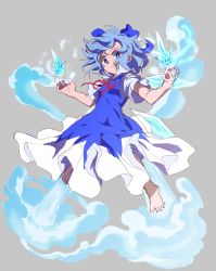 Rule 34 | 1girl, barefoot, blue bow, blue dress, blue eyes, blue hair, bow, breasts, cirno, claw pose, collared shirt, commentary request, cryokinesis, dress, frozen, hair bow, highres, ice, ice wings, long dress, messy hair, neck ribbon, pinafore dress, red ribbon, ribbon, shinmon akika, shirt, short hair, short sleeves, sleeveless, sleeveless dress, small breasts, solo, spread toes, toes, touhou, wings