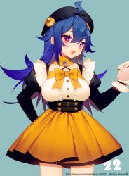 Rule 34 | 1girl, ahoge, artist name, beret, bili girl 22, bilibili, blue hair, blush, bow, breasts, character name, collarbone, hat, highres, large breasts, long hair, long sleeves, looking at another, official art, open mouth, orange bow, orange skirt, out of frame, palette (object), pixiv id, prophet chu, red eyes, skirt, smile, solo, watermark, web address