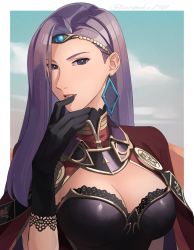 Rule 34 | 1girl, asagi (banzoku210), black gloves, blue eyes, breasts, cape, earrings, eyebrows, eyeshadow, female focus, fire emblem, fire emblem echoes: shadows of valentia, gloves, hair ornament, hand on own face, highres, jewelry, large breasts, lips, long hair, looking at viewer, makeup, nintendo, outdoors, parted lips, purple hair, solo, sonya (fire emblem gaiden), tiara, upper body