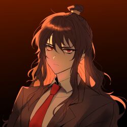 Rule 34 | 1girl, black jacket, brown hair, closed mouth, collared shirt, hair bun, jacket, jajeon liu, library of ruina, long hair, long sleeves, looking at viewer, necktie, project moon, red eyes, red necktie, shirt, sidelocks, solo, upper body, very long hair, white shirt, wing collar, xiao (project moon)
