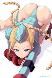 Rule 34 | 1girl, ahoge, ass, bare hips, beret, blonde hair, blue eyes, blue hat, blue leotard, bodypaint, boots, braid, brown footwear, cammy white, closed mouth, commentary request, fingerless gloves, gloves, hat, highres, kasai shin, leotard, looking at viewer, red gloves, ribbed leotard, shadaloo dolls, signature, solo, street fighter, swept bangs, thong leotard